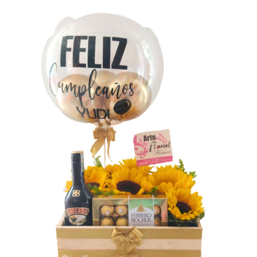 arreglo con girasoles - flores cali girasoles, chocolates y licor - floristeria cali