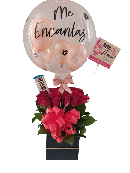 Cubo Con Rosas Globo Burbuja Y Chocolate Floristería Arte Floral
