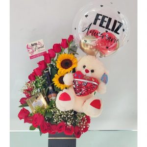 Arreglo floral con peluche globo ferreros x 4 +vino