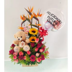 Arreglo floral rosas girasoles, oso, globo y ferreros - floristerias en cali
