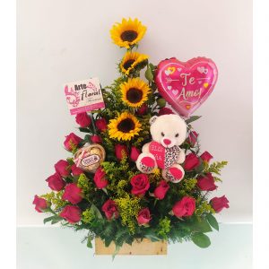 Arreglo rosas girasoles peluche + globo y chocolates - floristerias en cali
