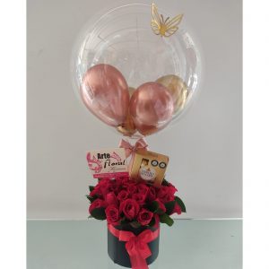 Cilindro negro con rosas rojas, ferreros x 4 y globo - flores en cali