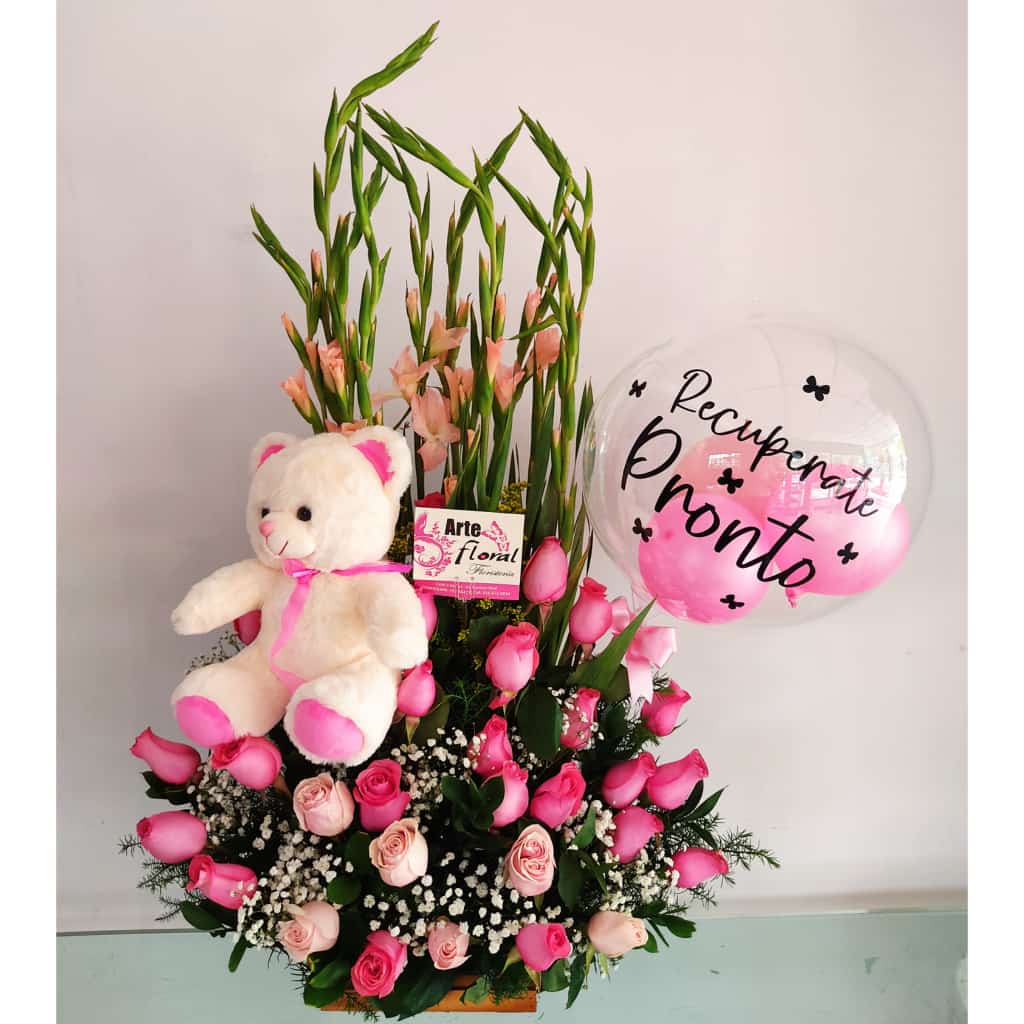 Ramo de rosas, gladiolos, peluche y globo - flores en cali Ramo de rosas, gladiolos, peluche y globo - flores en cali