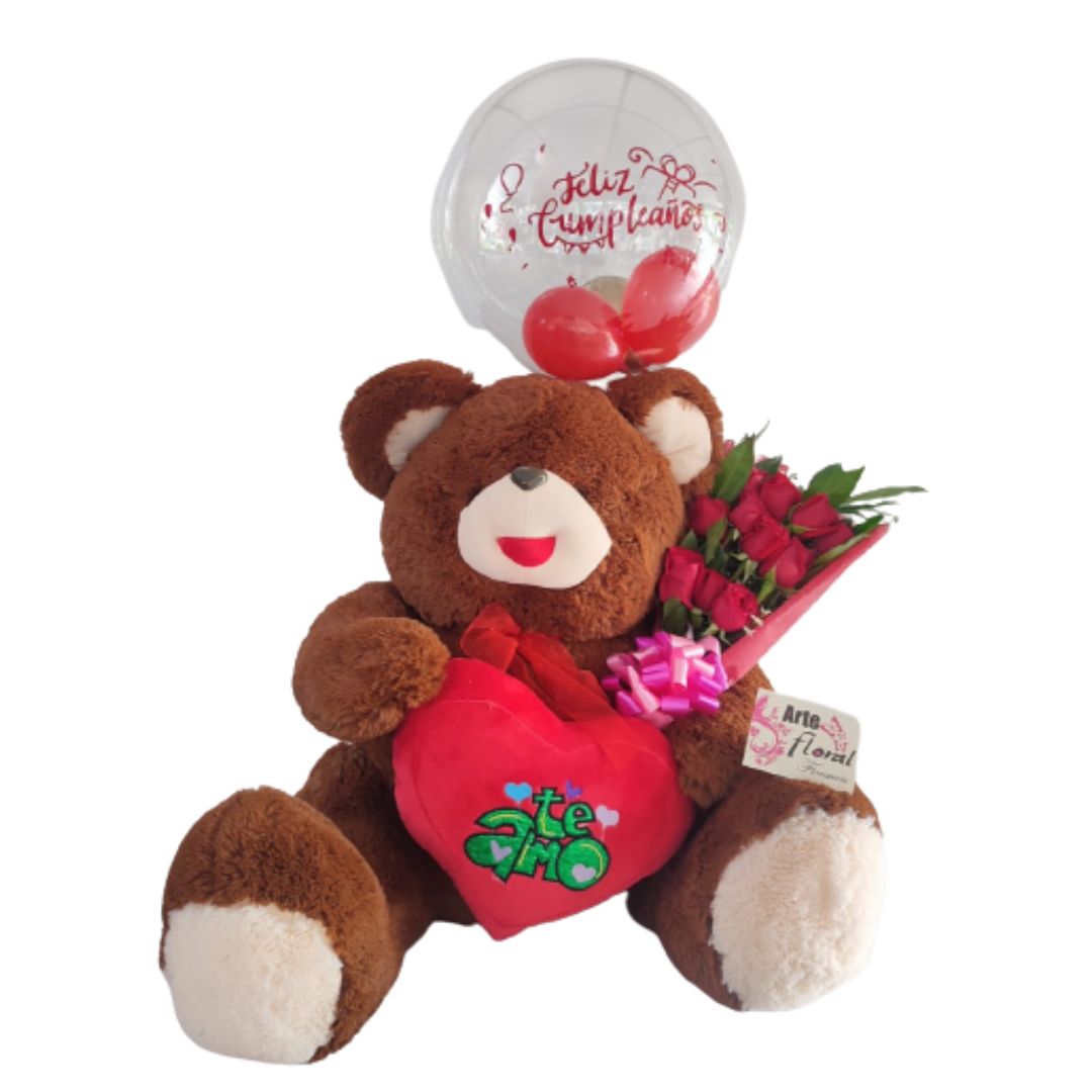 oso mediano cafe y boquet - floristeria cali Hermoso Oso con globo burbuja - Floristeria cali