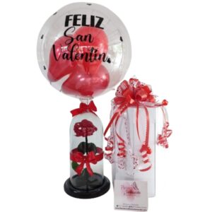 Rosa preservada roja, caja sorpresa, globo burbuja y tarjeta impresa- Floristeria cali